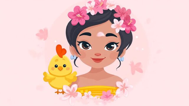Illustration of a girl with a chick flowers and a pink background