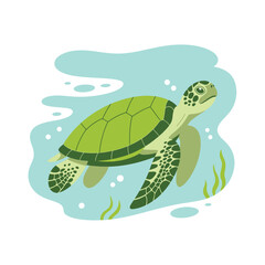 Cute green sea turtle swimming gracefully underwater among seaweed and bubbles illustration