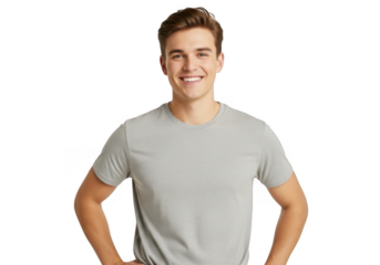 A smiling young man in a gray tshirt isolated on transparent background, showcasing casual style and positive expression for lifestyle content