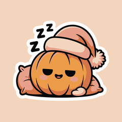 Cute sleeping pumpkin character wearing a santa hat on pillows cozy halloween fall autumn zzz illustration