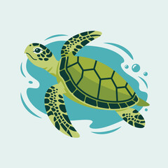 Flat design sea turtle swimming gracefully through blue water with bubbles underwater marine life illustration
