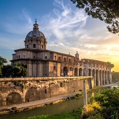 Ancient Roman architecture at sunset