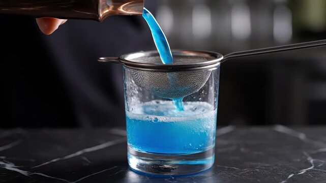 Bright blue liquid pours through a strainer into a glass, showcasing the art of mixology. The atmosphere is chic and lively, perfect for evening socializing.