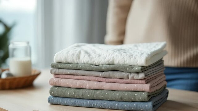 Woman carefully folding stack of pastel colored fabric on wooden surface near window