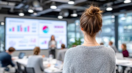Woman Delivering Presentation in Modern Conference Room with Graphs and Charts on Screen with Cinematic Lighting and Blurred Audience Perspective