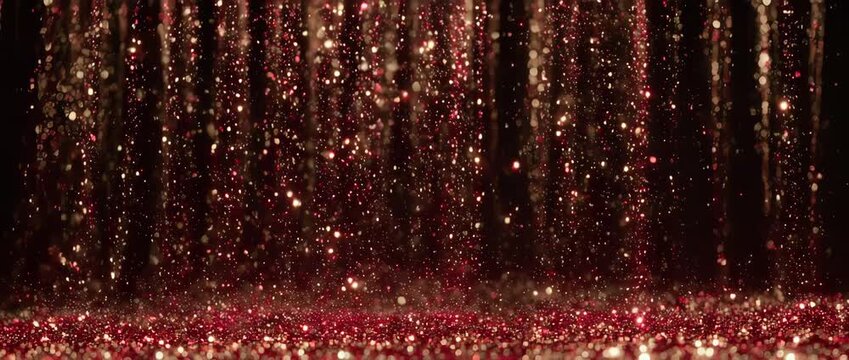 Red and Gold Glitter Fall - Glamorous Celebration Loop. The shimmering effect and shallow depth of field create a sophisticated background for Chinese New Year, parties, awards shows.