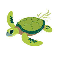 Stylized sea turtle swimming gracefully through ocean waters with aquatic plants floating illustration