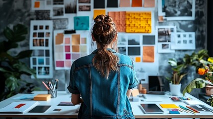 Woman with bun facing design board with color swatches and photos in creative workspace studio