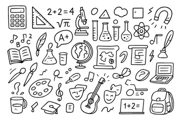 Hand-drawn Doodle Style Vector Set of Learning and School Subjects, Black Outline Sketch Illustrations, Ideal for Both Digital and Print Use
