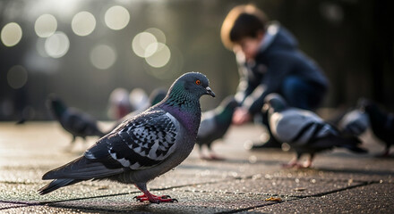 Pigeon stands on city square while child feeds birds in background 