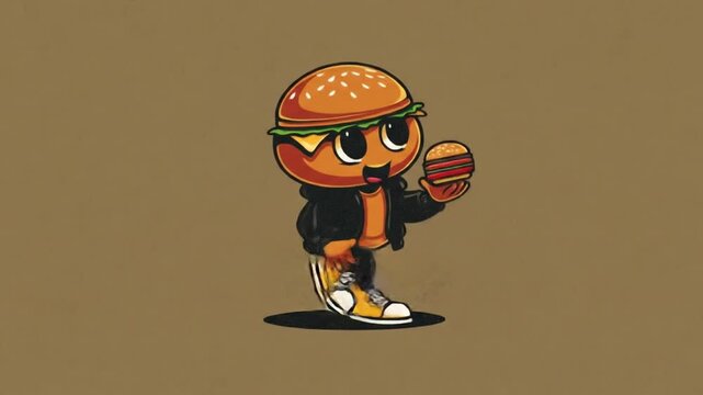 Cartoon burger character holding small burger illustration