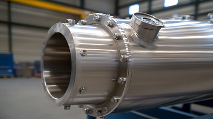 Close-up of a shiny, industrial-grade stainless steel tube with bolted flanges and a small gauge, showcasing precision engineering in a factory setting.