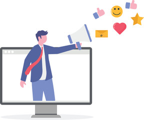 Young woman PR amplify message on social media using megaphone
