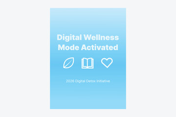Digital Wellness Campaign Graphic Promoting Balance with Leaf Book and Heart Symbols for 2026 Initiative