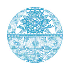 Blue Globe With Mandala Sun Emblem, Global Connectivity, Abstract World Icon for Branding