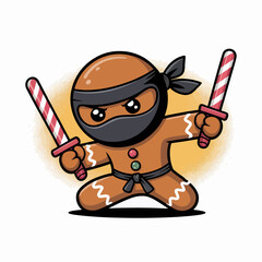 masked ninja with candy canes, action pose, festive sugar fighter, cheerful cartoon mascot, colorful party vibe, vector graphic © BlackVault Designs