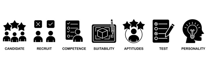 Assessment center icon set vector illustration concept for for personal audit of human resources with icon of user candidate, recruit, competence, suitability, aptitudes, test and personality © Roronoa15
