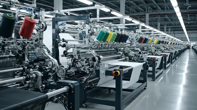 Textile Factory: Automated Loom Production Line in Operation for Fabric Manufacturing showcasing thread spool and weaving equipment with precision