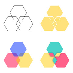 Collection of hexagon Venn diagram designs. Vector infographic set isolated on white background, perfect for business, education, and comparison analysis.