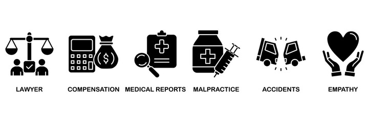 Personal injury law icon set vector illustration concept for lawyer, compensation, medical reports, malpractice, accidents and empathy