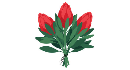 A vibrant bouquet of three large red protea flowers tied together with green leaves and a string.