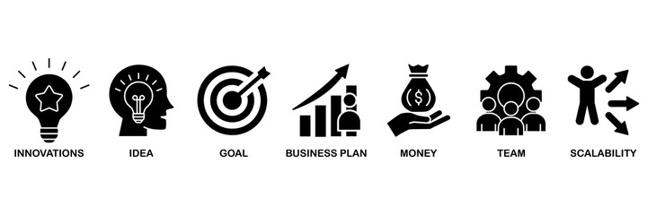Start up icon set vector illustration concept for innovation, idea, goal, business plan, money, team, and scalability