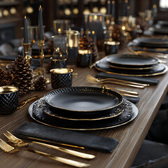Obraz premium Luxury festive table decorated with black plates, golden cutlery, candles and pinecones as centerpieces. Modern Christmas dinner setup in elegant style, perfect for holiday celebrations, invitations a