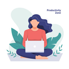 Woman working remotely in a tranquil productivity zone focused on laptop surrounded by lush greenery illustration