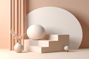 Ultra-modern minimalist premium 3D background featuring geometric shapes—steps, a sphere, and a circle—in a soft beige and blush palette for product display.