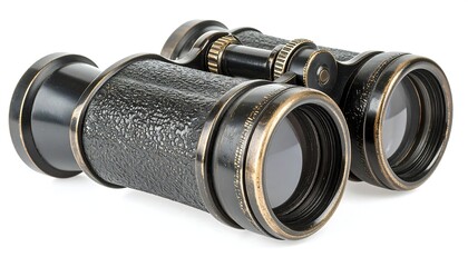 Antique binoculars, dark-colored with textured casing and brass accents, isolated on white