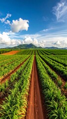Agricultural landscape with rows of sugarcane