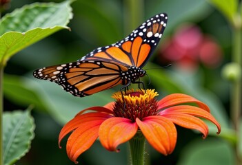 Fototapeta premium Vibrant Monarch Butterfly Perched on a Bright Orange Flower in a Lush Green Garden Setting, Highlighting the Beauty and Complexity of Nature's Design