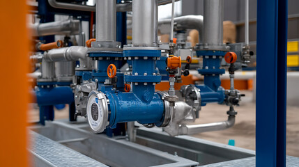 Industrial pipes and valves. A network of blue and silver pipes connects via bolted flanges and valves, creating a system for fluid or gas transport.