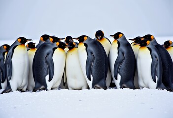 Obraz premium A Large Group of Emperor Penguins Huddled Together on Snowy Antarctic Landscape for Warmth in Harsh Icy Climate Conditions