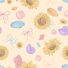 Seamless Seashell and Sunflower Pattern | Blue Yellow Coastal Digital Paper with Bows | Summer Ocean Floral Printable Background | Beach Scrapbook Fabric