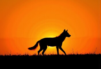 Silhouette of a Lone Wolf Walking at Sunset Against a Vibrant Orange and Yellow Sky, Showcasing the Majestic Wilderness and Tranquility of the Natural World