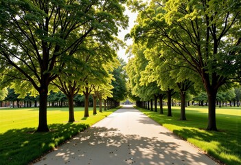 Serene Tree-Lined Pathway with Lush Greenery and Bright Sunlight Casting Shadows on the Walkway Leading to a Peaceful and Picturesque Destination