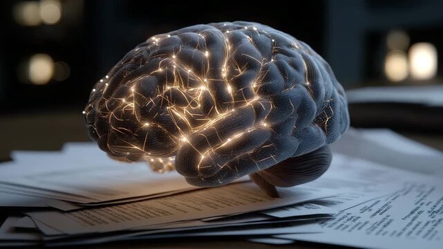 A brain is shown on top of some papers. The brain is glowing and has a lot of lines coming out of it. Closeup glowing AI brain partially covered with legal document pages overlay, framework conceptual