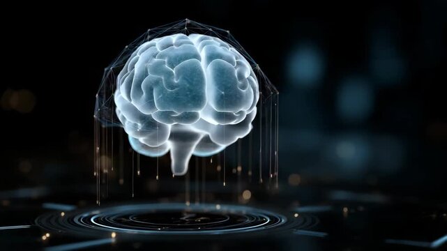 A brain is shown in a computer generated image. The brain is surrounded by a network of wires. AI brain hologram with floating paragraph law symbols overlay, policy minimal futuristic dark