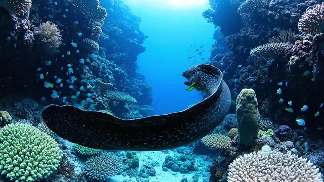 Dive into the vibrant underwater world, mesmerizing moray eel gracefully swimming through the coral reefs in clear blue ocean depths