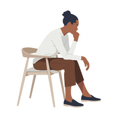Modern woman sitting thoughtfully in chair with hand on chin on for contemporary designs illustration