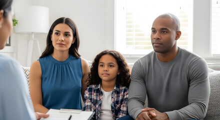 Family Counseling Session with a Therapist Engaging a Diverse Family in a Comfortable Modern Office Setting for Emotional Support and Guidance