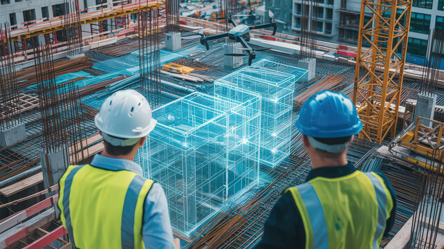 Futuristic Construction Site with Holographic Blueprint Visualization