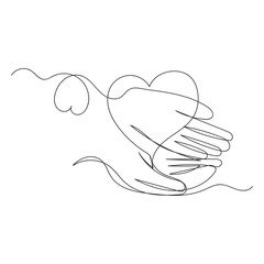 Minimalist black continuous line drawing of hands holding a heart shape