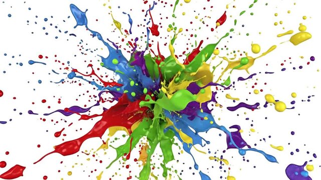 A dynamic and energetic explosion of colorful liquids against a pristine white background. Brilliant shades of red, blue, green, yellow, and purple splash and merge, creating an abstract, vibrant burs
