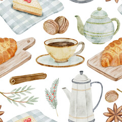 A seamless digital watercolor pattern featuring teapots, coffee cups, croissants, and cinnamon, ideal for cafe and kitchen-themed textiles.