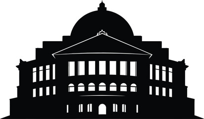 Classical building silhouette vector with a large dome and columns. black and white illustration of a historic bank, courthouse, capital, or government architecture.