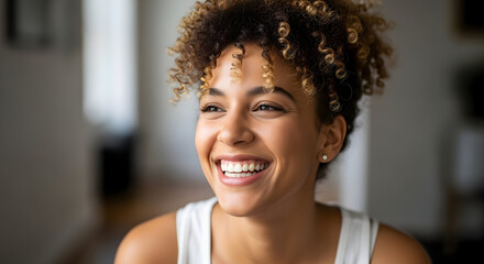 Happy young woman with curly hair smiling brightly indoors in a casual setting showcasing joy and positive emotions for lifestyle and wellness themes
