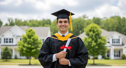 Happy young male graduate in cap and gown holding diploma outdoors in front of modern houses celebrating graduation achievement and success in education