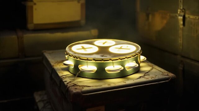 Illuminated Tambourine - Rhythmic Glow, Musical Instrument, Percussion in Dark, Artistic Lighting, Close-Up.